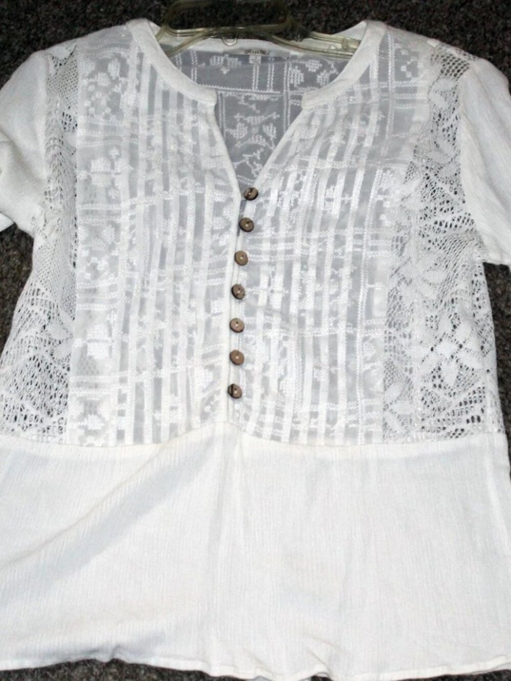 Miss Me Lacy Cotton Blouse with Pintucks and Embroiderie, Hook & Eye Buttons Sm